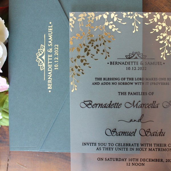 Elegant Greenery Wedding Invitation Set, Frosted Acrylic, Gold Black Foil, Green Envelope, Invite Set