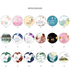 Peut inclure: Une collection de monogrammes circulaires avec divers motifs et textes. Certains pr&eacute;sentent des arrangements floraux, tandis que d'autres incluent des symboles religieux comme des croix. Le texte comprend des noms, des dates et des types d'&eacute;v&eacute;nements.