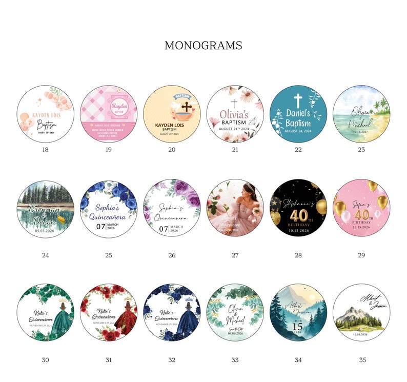 Peut inclure: Une collection de monogrammes circulaires avec divers motifs et textes. Certains pr&eacute;sentent des arrangements floraux, tandis que d'autres incluent des symboles religieux comme des croix. Le texte comprend des noms, des dates et des types d'&eacute;v&eacute;nements.