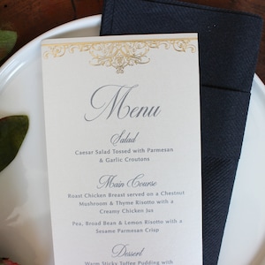 Luksusowe karty menu weselnego, menu ze złotą folią, serwetki ślubne,
