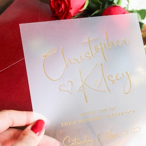 Modern Wedding Invitation with Gold Foiled Frosted Acrylic Design and Burgundy Envelope