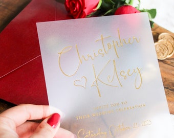 Modern Wedding Invitation with Gold Foiled Frosted Acrylic Design and Burgundy Envelope