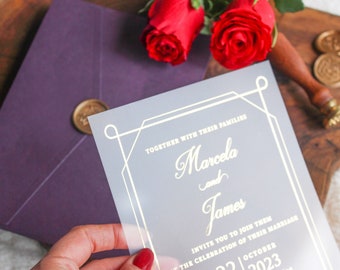 Frosted Acrylic Wedding Invitation with Gold Printing and Purple Envelope