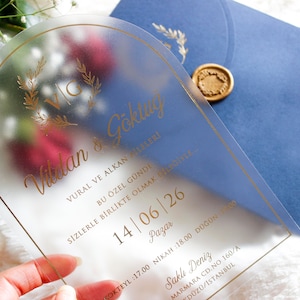 Busta blu e invito in acrilico satinato con splendida stampa in lamina d'oro - Perfetto per matrimoni e occasioni speciali