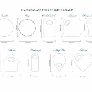 Peut inclure: Sch&eacute;ma des diff&eacute;rents ouvre-bouteilles avec leurs dimensions en cm. Les formes comprennent un cercle, un bouchon, une carte de cr&eacute;dit, un carr&eacute;, une raquette de tennis, une maison, un rectangle, une &eacute;pingle de carte et un c&oelig;ur. Le texte en haut indique "DIMENSIONS ET TYPES D'OUVRE-BOUTEILLES".