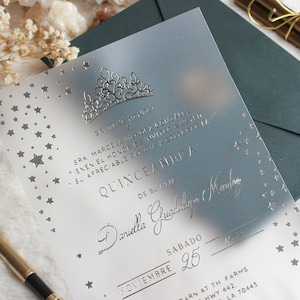 Frosted Acrylic Quinceañera Invitation with Green Envelope, Silver Foil Printing Sweet 16 Birthday Party Invite