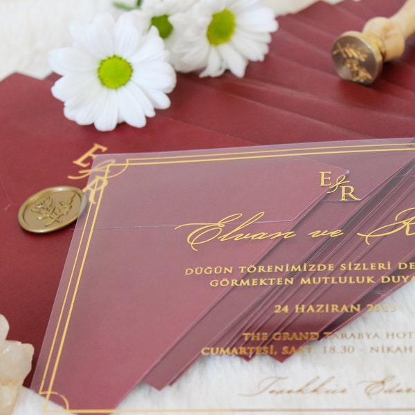 Acrylic Wedding Invitations, Burgundy and Gold Foil Acrylic Invites, Clear Invitation, Fall Wedding Invites, Vellum Save The Dates