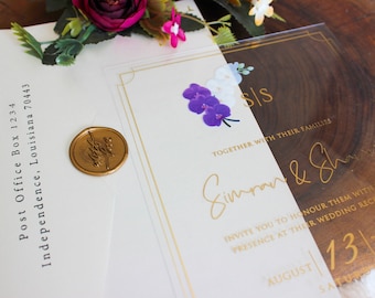 Purple Floral Wedding Invitation, Acrylic Invitation, Ivory Envelope, Gold Foil Invites, Envelope Adressing