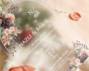 Frosted Acrylic Wedding Invitation: Floral Design, Dusty Pink Envelope