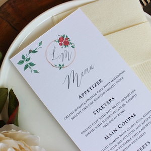 Blumenhochzeits-Menükarten, Blumenmonogramm-Menü, Hochzeits-Servietten, Abendkarte, Abendessen-Servietten