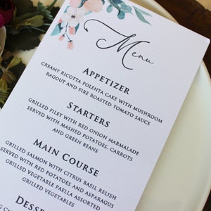 Carte da menu floreali per matrimoni, Menu monogramma floreale, Tovaglioli nuziali, Menu cena