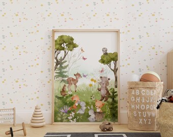 May include: A framed watercolor print featuring woodland animals in a forest scene. The artwork includes a deer, bear, fox, and rabbit, with butterflies and flowers. The print is in a light wood frame and is displayed in a child's room.