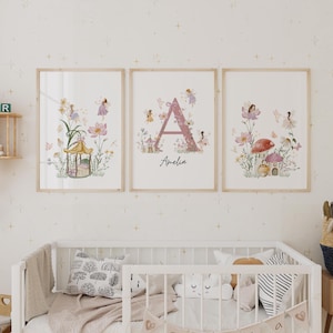 Impressões de fadas personalizadas | Arte de parede para quarto de bebê com fadas | Conjunto de fadas para quarto de bebê | Flores em aquarela e fadas | Inicial de placa de nome personalizada