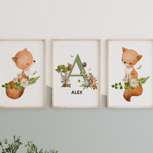 Custom Woodland & Forest Animals Prints | Nursery Wall Art | Fairy Set l Nursery Room | Watercolor Animal | Personalized Name Sign Initial