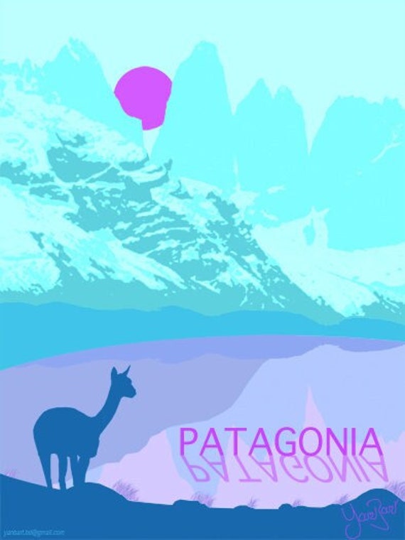 Poster/Affiche Les Paysages de Voyages, La Patagonie Au Chili, Guanaco S'abreuvant Dans Lagune Pied 