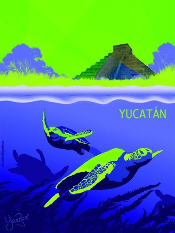 Poster/Affiche Les Paysages de Voyages, Le Yucatán Au Mexique, Baignade avec Tortues Marines, Mervei