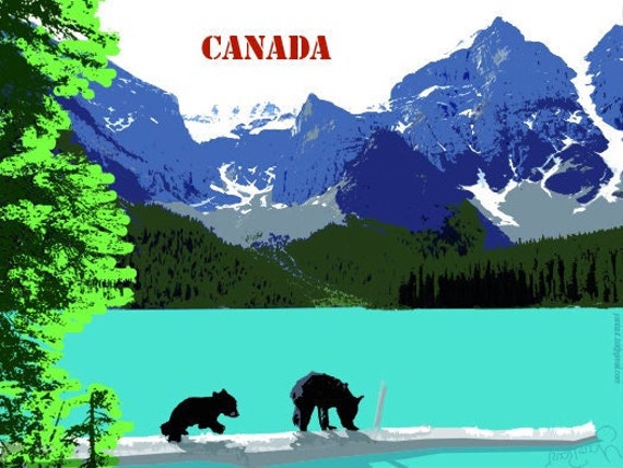 Poster/Affiche Les Paysages de Voyages, Petits Ours Au Bord d'un Lac Canada, Yan Bart