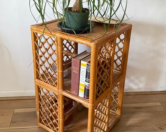 Vintage Rattan Swivel Stand - Revolving Bamboo Bookshelf Record Holder or Bar Cart - Stand With Storage Compartments