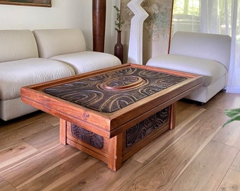 Vintage Carved Pine Coffee Table in style of Evelyn Ackerman