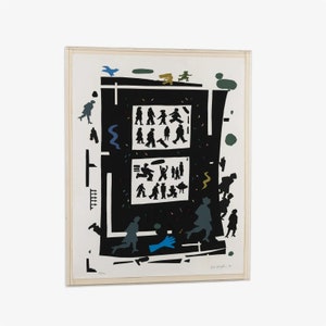 May include: A black and white print of a building with people walking around it. The building has two windows with people inside. The print is on a white background with a blue bird flying in the top left corner.