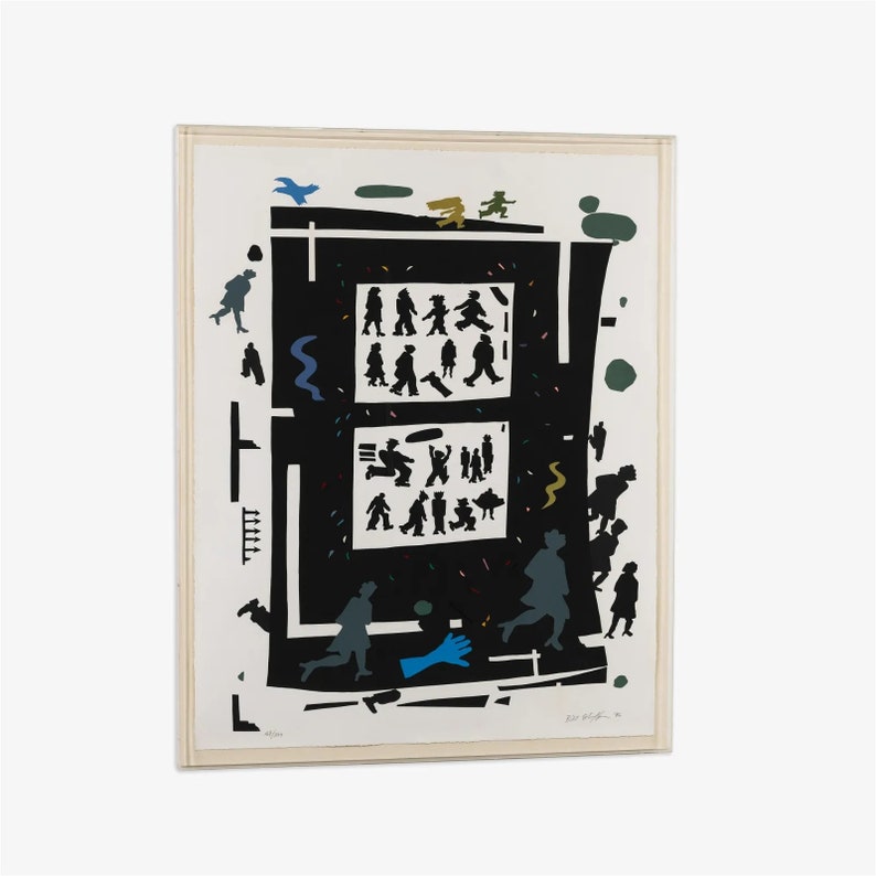 May include: A black and white print of a building with people walking around it. The building has two windows with people inside. The print is on a white background with a blue bird flying in the top left corner.