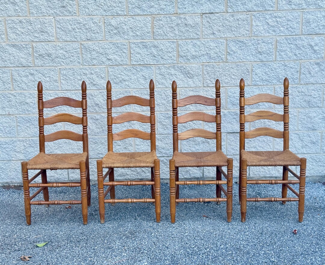 A Set of Four Rustic Vintage Oak and Rush Seat Dining Chairs With ...