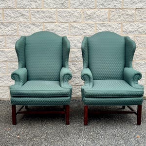 Late 20th Century Vintage Pair of Wingback Chairs in Green Jacquard Upholstery