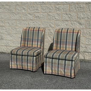 A Pair of Late 20th Century Custom Plaid Boudoir Wingback Accent Chairs With Skirt