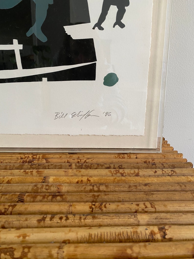 May include: A black and white print of a stylized image of people and a boat. The print is signed "Bill Selin" and dated "1966".