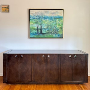 1970s Milo Baughman Style Burl Wood Chrome Accent Credenza by Century Furniture