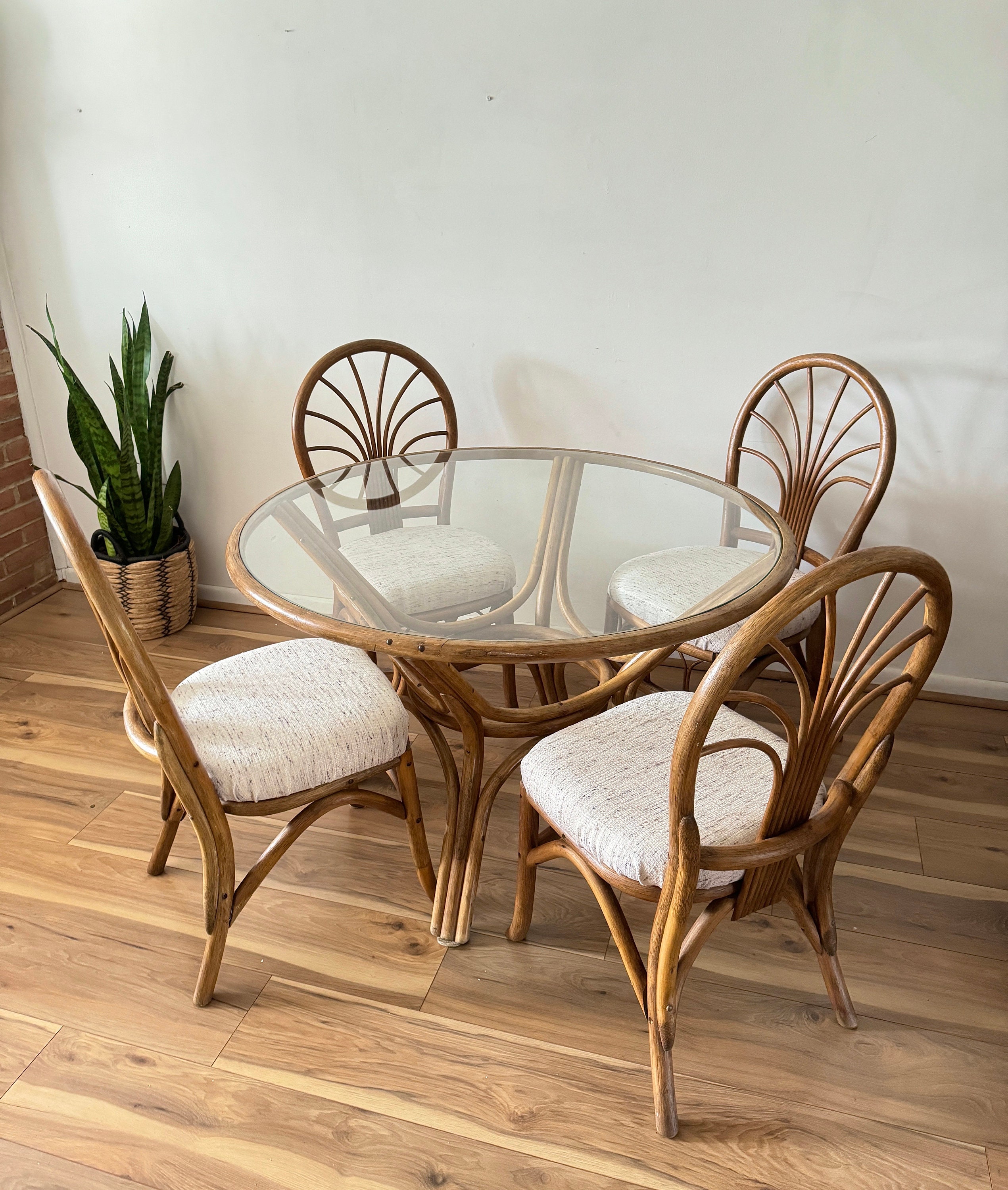 Vintage Boho Rattan Dining Set Bamboo Dining Table and Four Upholstered Chairs Outside Patio Dining Set Etsy