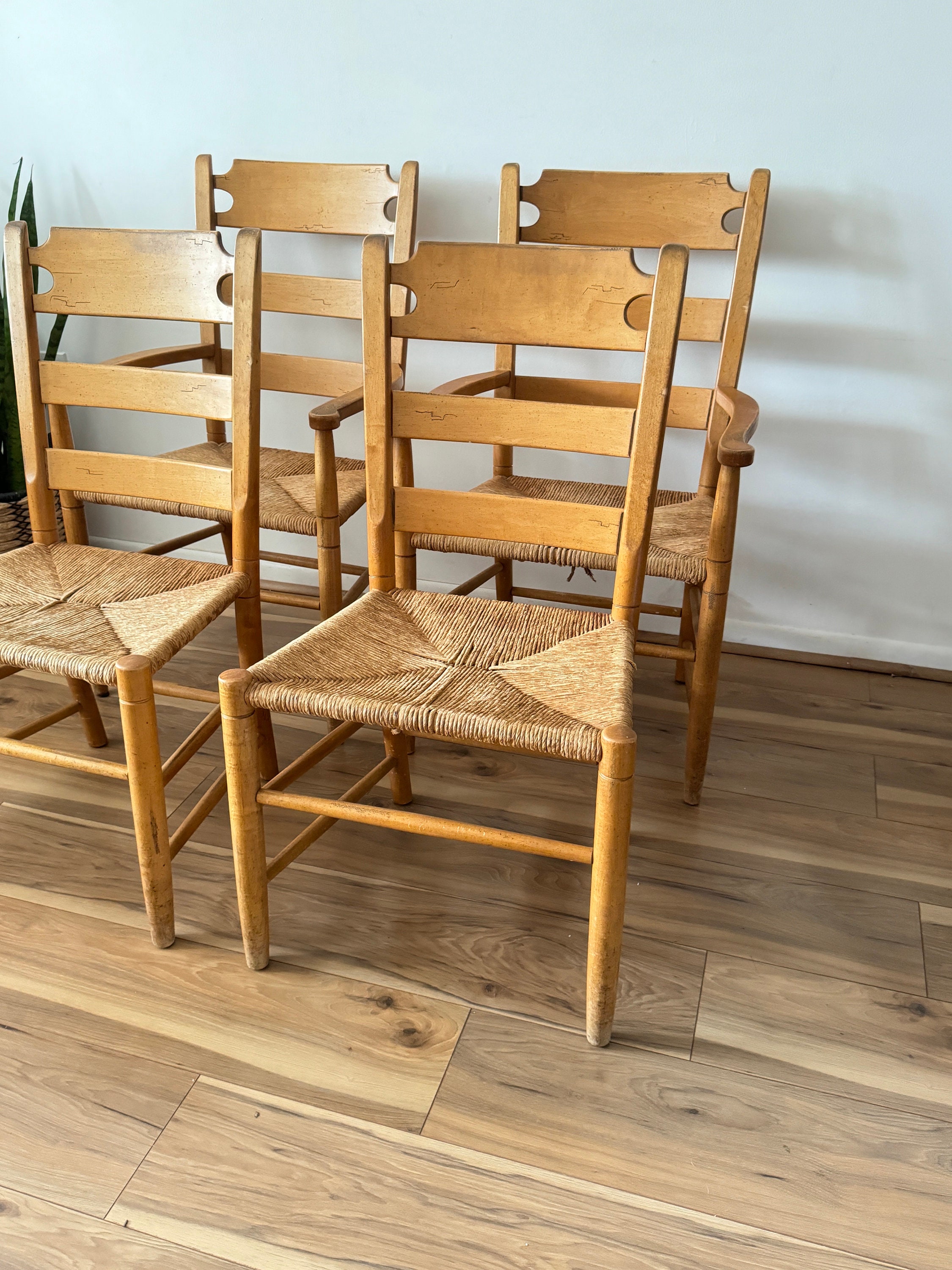 A Set of Four Rustic Vintage Oak and Rush Seat Dining Chairs With ...