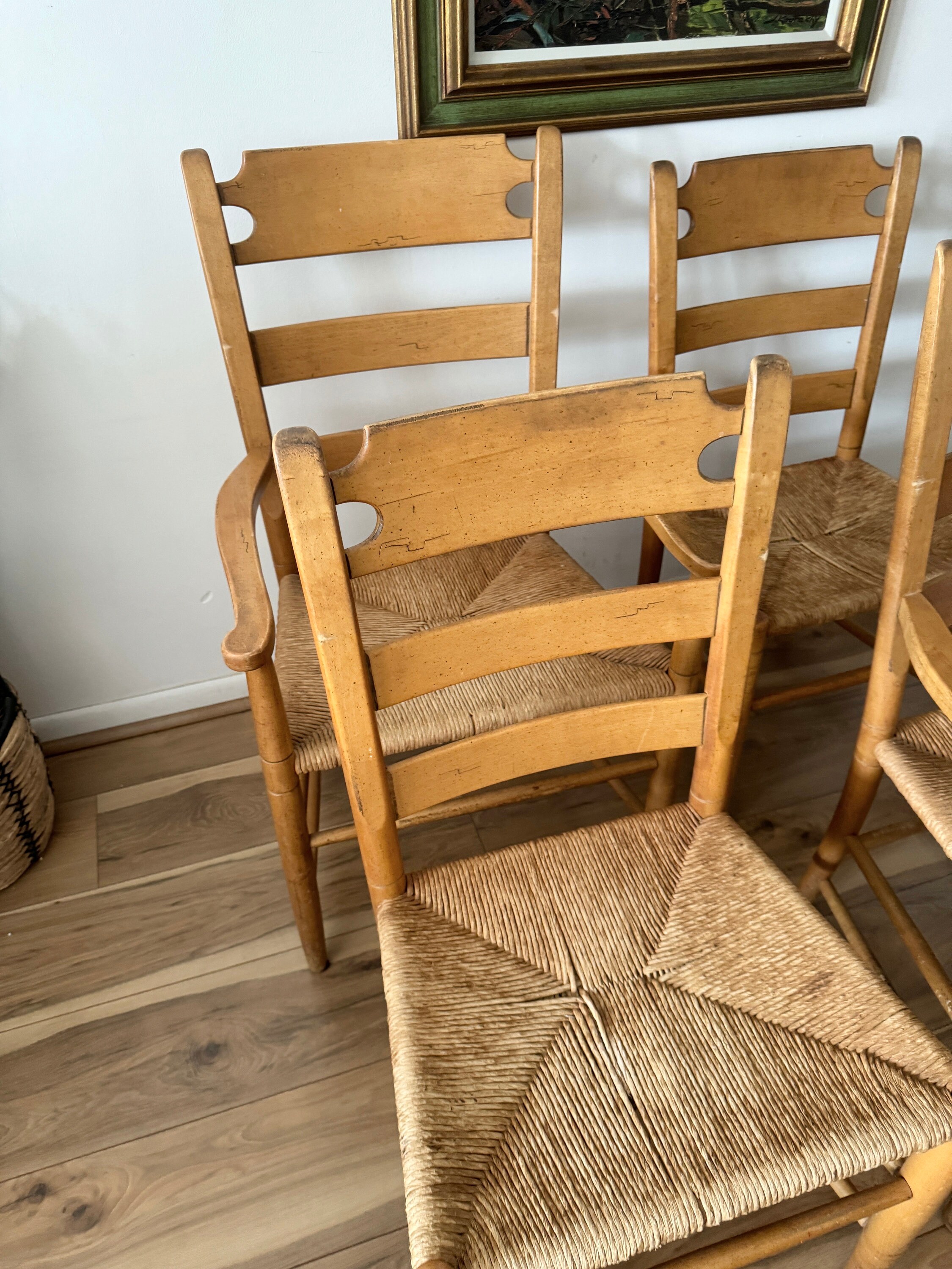 A Set of Four Rustic Vintage Oak and Rush Seat Dining Chairs With ...
