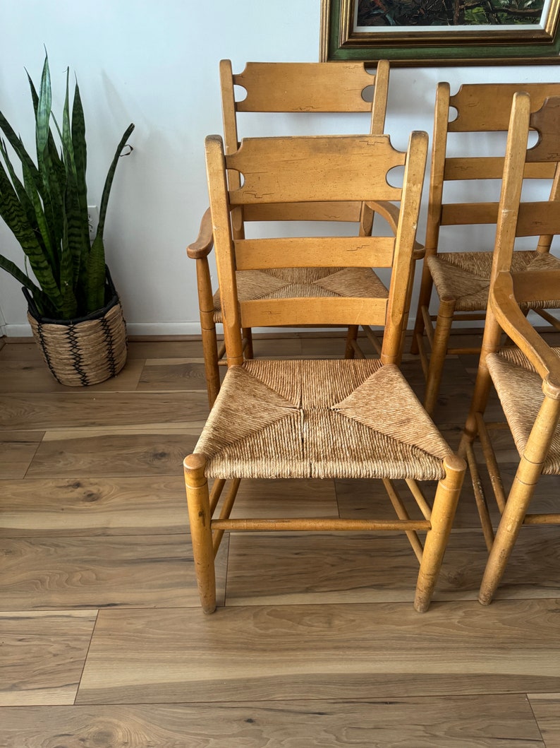 A Set of Four Rustic Vintage Oak and Rush Seat Dining Chairs With ...