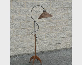 Vintage Wicker and Iron Floor Lamp With Sculptural Curved Arm