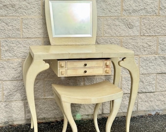 Late 20th Century French Cream Vanity Table With Mirror and Matching Bench