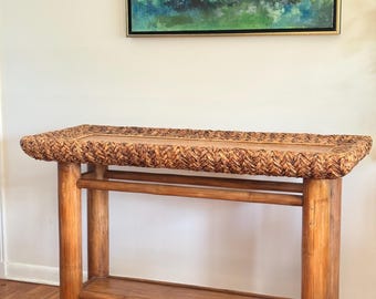 Rustic Handcrafted Wood Console Table with Woven Rattan Top