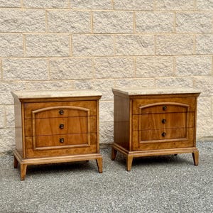 1970s A Pair of Mid Century Burl Wood Nightstands with Travertine Tops