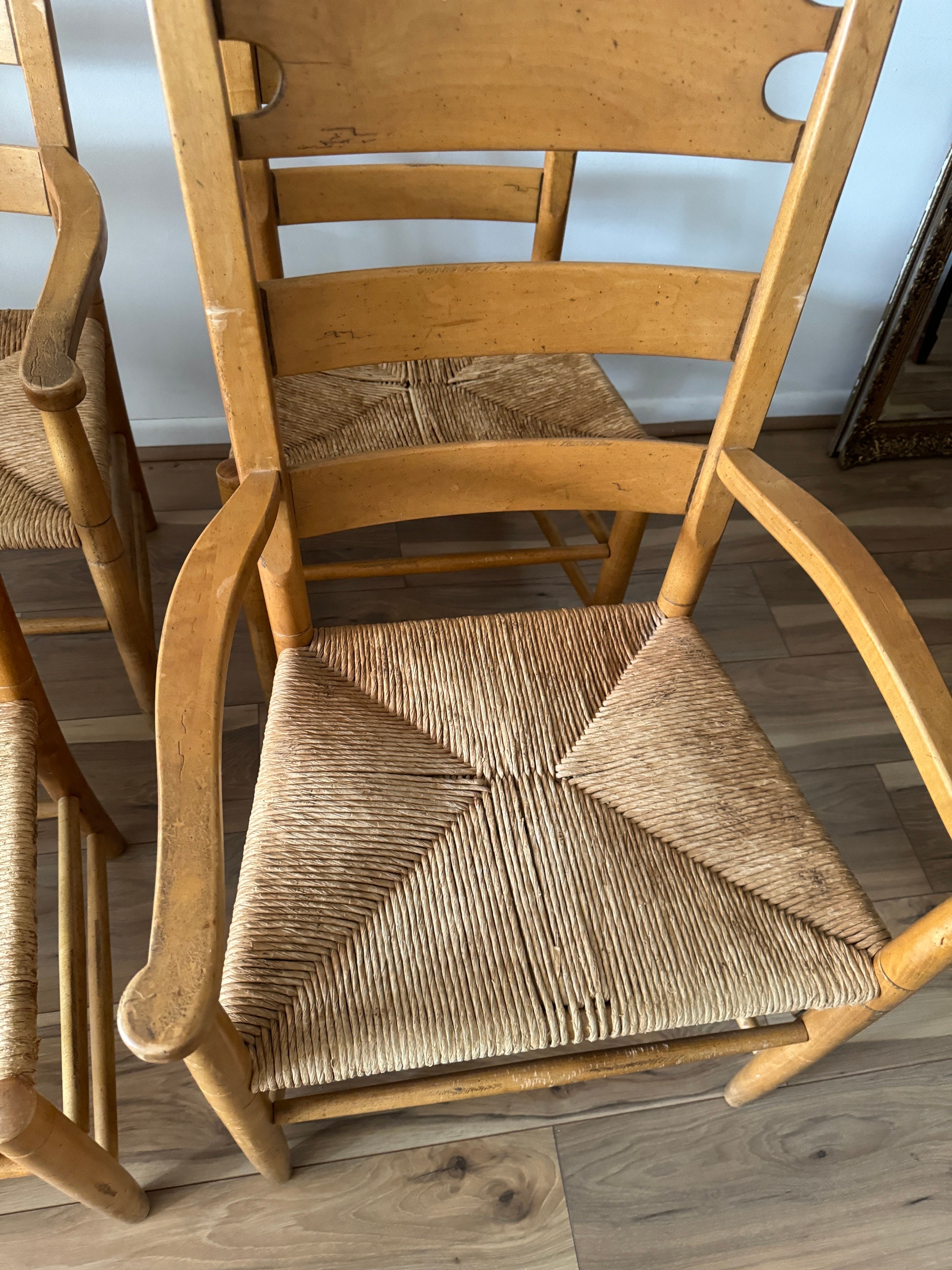 A Set of Four Rustic Vintage Oak and Rush Seat Dining Chairs With ...