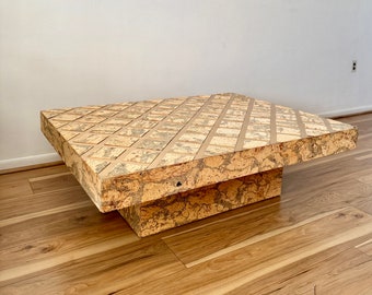 Large Vintage Cork Coffee Table with Golden Inlay, Post Modern Cocktail Table with Pedestal Base