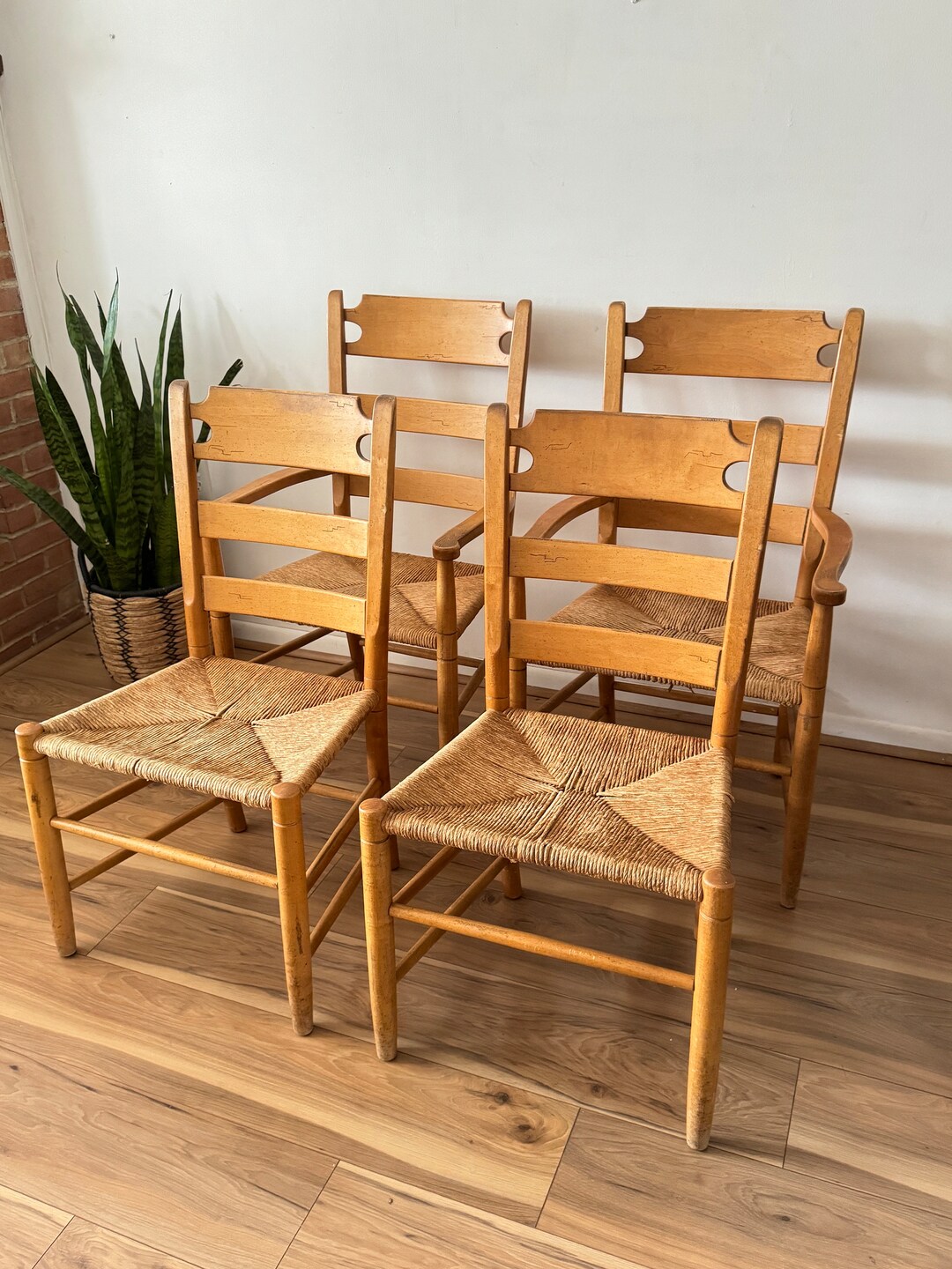 A Set of Four Rustic Vintage Oak and Rush Seat Dining Chairs With ...