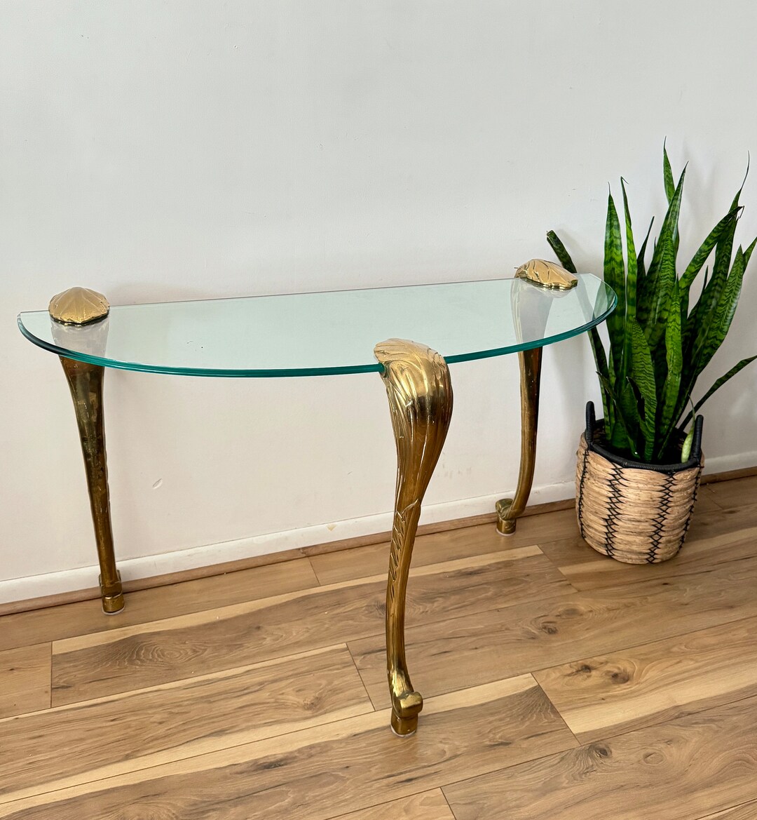 1970s Brass Glit and Half Moon Glass Console Table in the Style of P.e