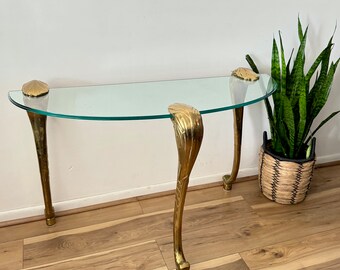 1970s Brass Glit and Half Moon Glass Console Table in the Style of p.e. Guerin