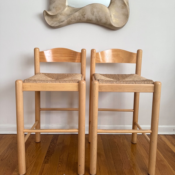 A Set of Two Vintage Rush Seat Stools