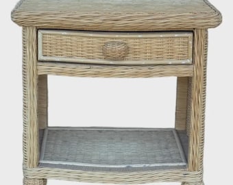 Vintage Wicker Nightstand With Drawer and Lower Shelf
