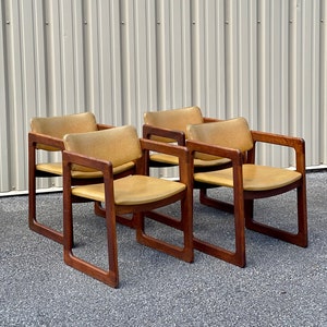Set of Four Vintage Sleigh Faux Leather Upholstered Armchairs