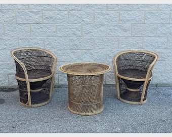 1970s Boho Coastal Wicker Rattan Barrel Chairs With Matching Drum Table - Set of 3