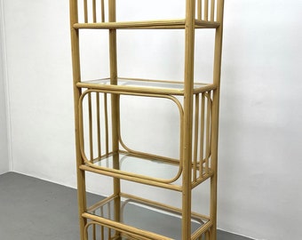 Vintage Pencil Reed Tall Display Shelves, Wooden Etagere with Glass Shelves, Vintage Bamboo Like Book Shelf