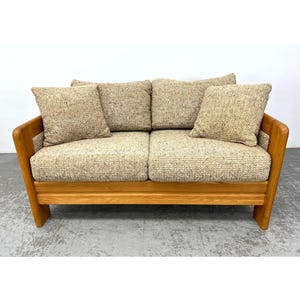 Mid-Century Modern Oak Loveseat Sofa With Textured Upholstery