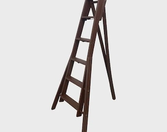 Vintage Wooden Folding Library Ladder With Tiered Steps and a-Frame Form